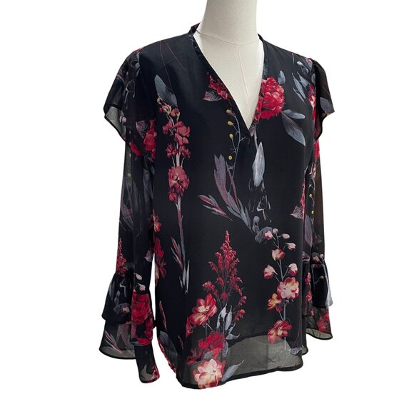 Romantic Sheer Floral Blouse Black Red Long Sleeve Ruffle Top Cottagecore - Picture 6 of 9
